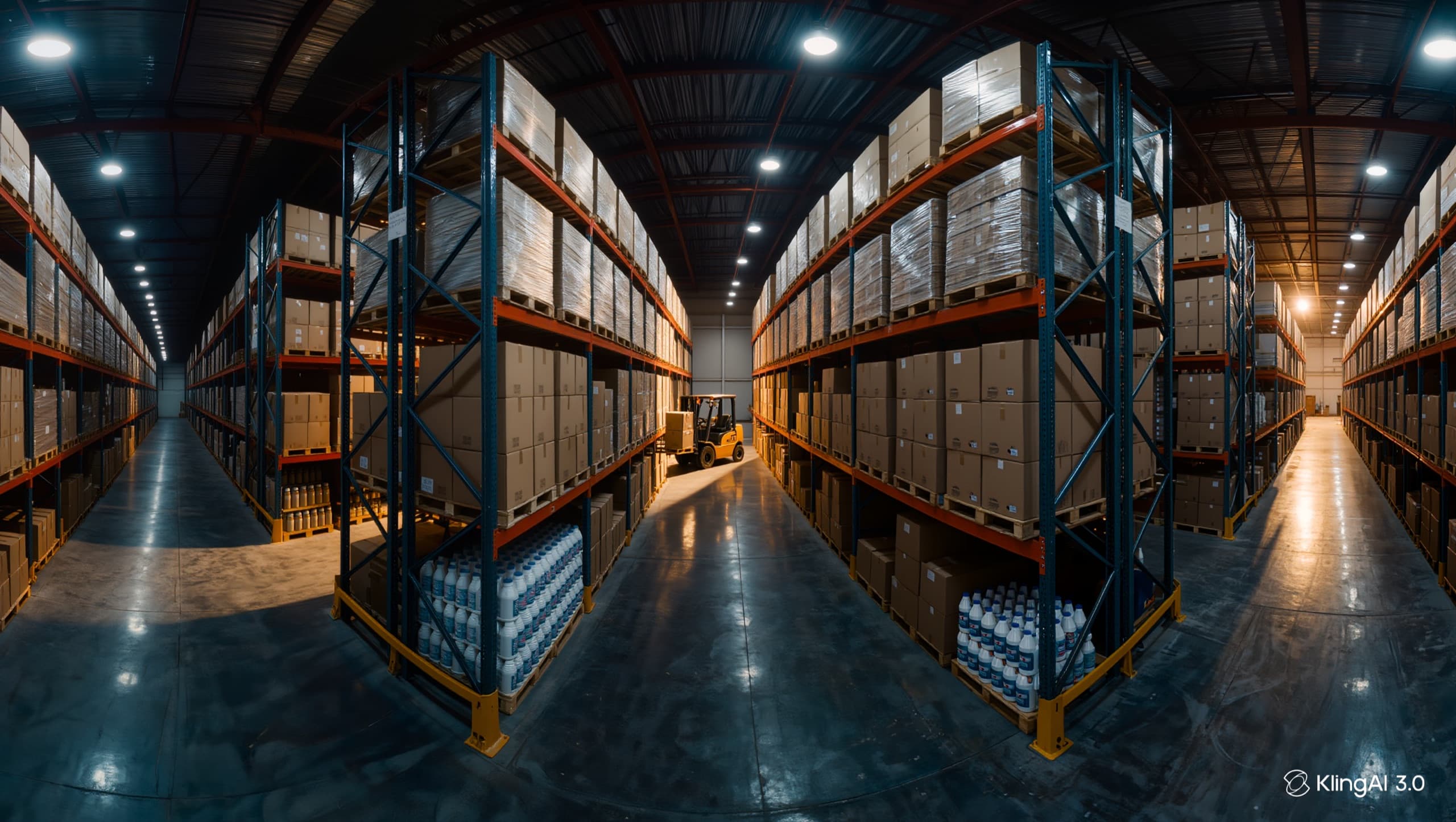 Corredores de racks de um centro de distribuição com paletes de mercadorias
